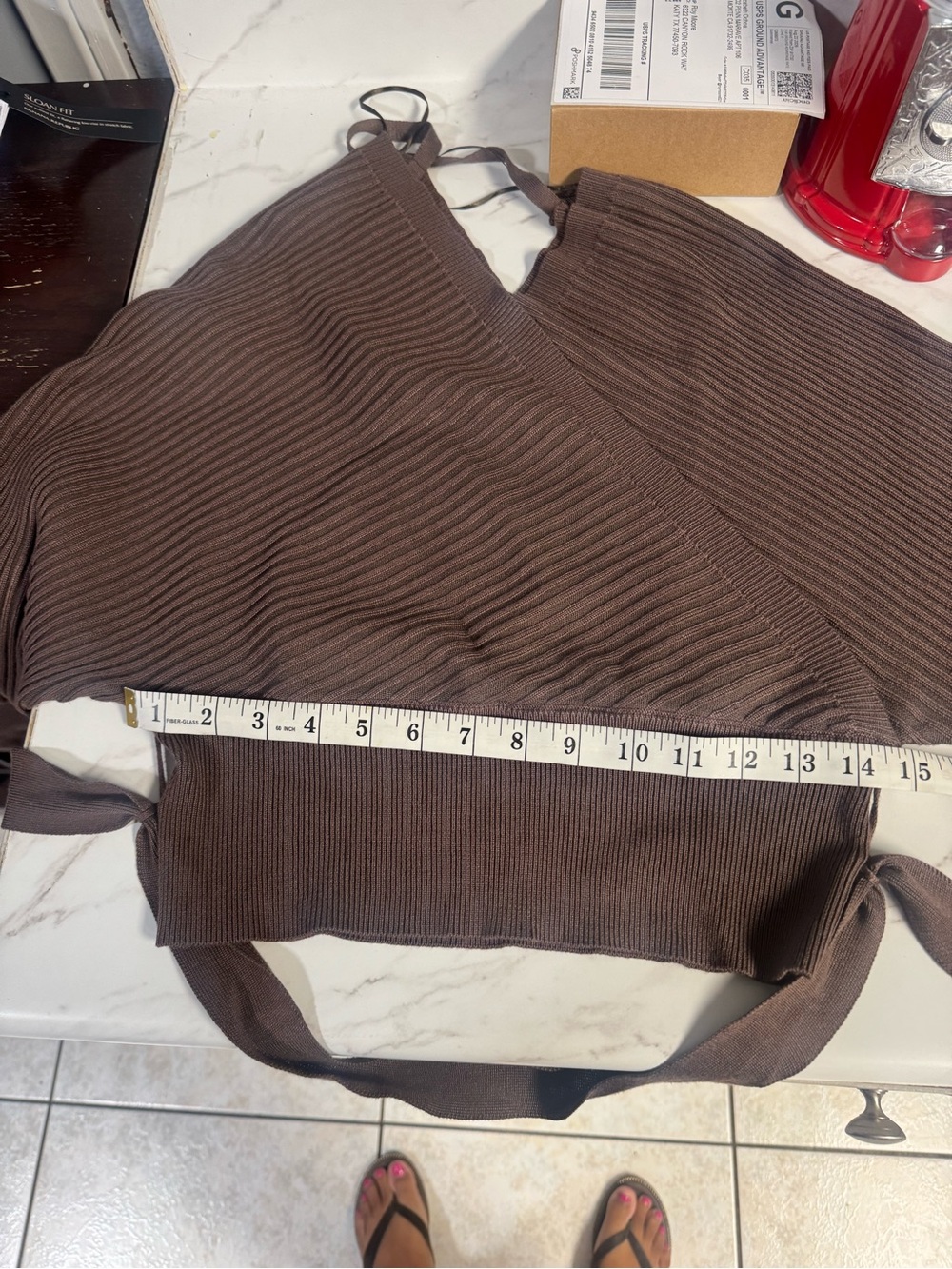 Love Tree Brown Ribbed Wrap V-Neck Sweater with Waist Ties - Picture 5 of 7